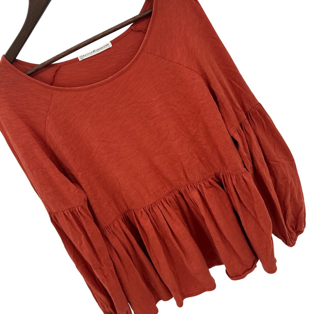 Peruvian Connection Peplum Top‎ Women 20 Burnt Orange Cotton Balloon Sleeve